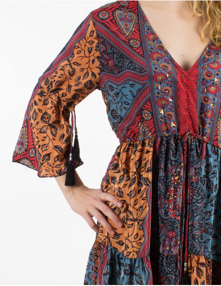 Vestido poliester mangas 3/4 estampado sari dorado