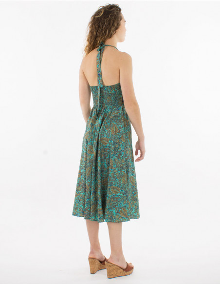 Vestido corto poliester espalda abierta estampado sari