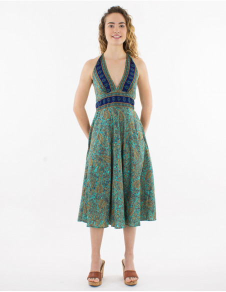 Vestido corto poliester espalda abierta estampado sari