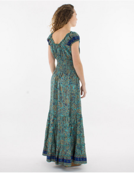 Vestido largo poliester cintura smocke estampado sari