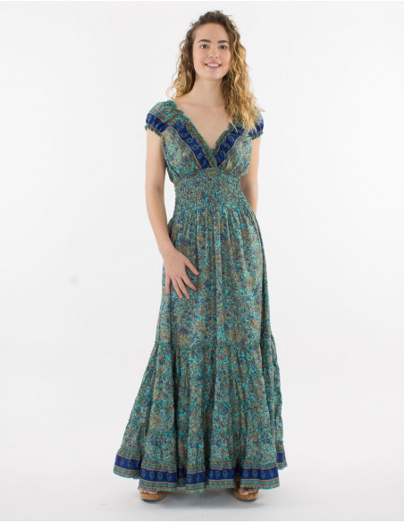 Vestido largo poliester cintura smocke estampado sari