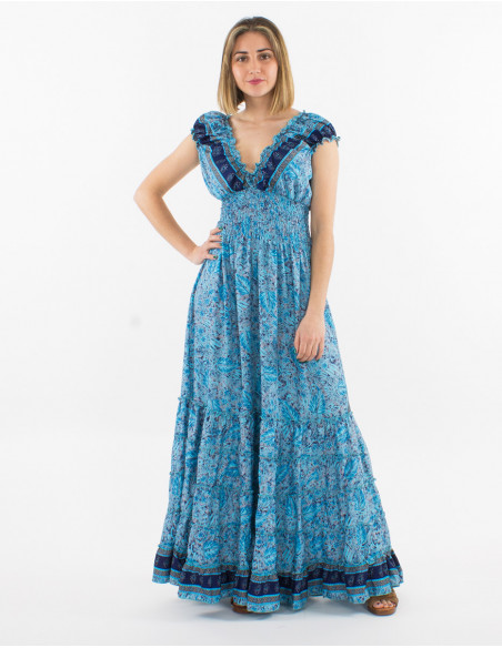 Vestido largo poliester cintura smocke estampado sari