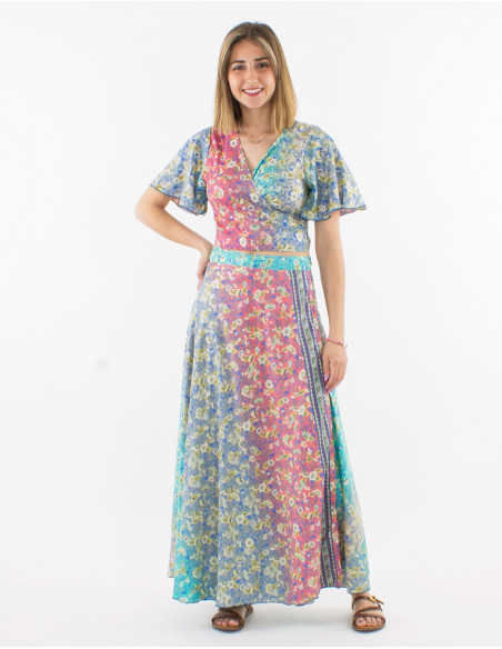 Falda larga poliester cruzada estampado plateado