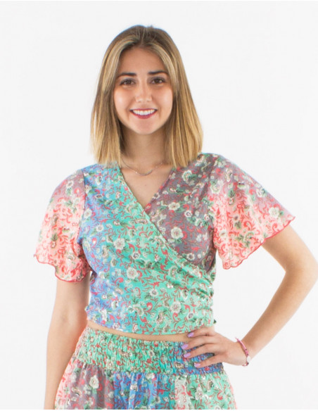 Blusa poliester mangas cortas estampado plateado