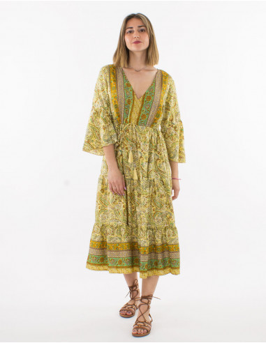 Vestido poliester mangas 3/4 estampado sari