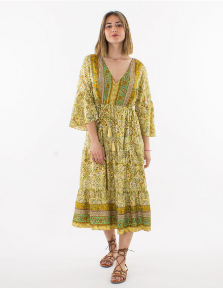 Vestido poliester mangas 3/4 estampado sari