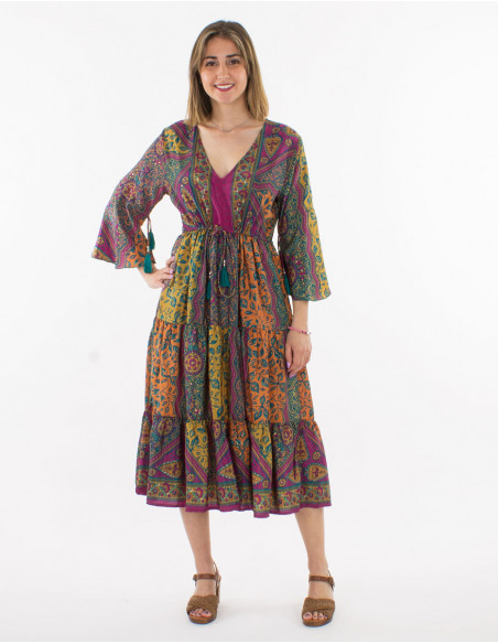 Vestido poliester mangas 3/4 estampado sari dorado