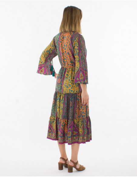 Vestido poliester mangas 3/4 estampado sari dorado