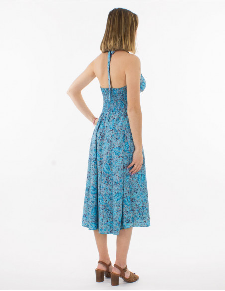 Vestido corto poliester espalda abierta estampado sari