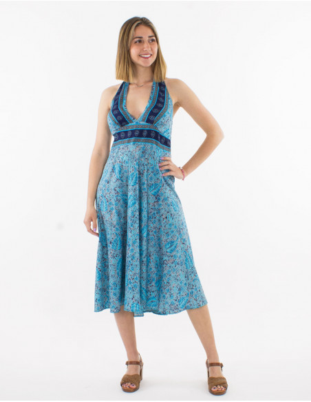 Vestido corto poliester espalda abierta estampado sari