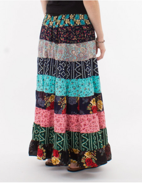 Falda larga de poliéster con volantes estampados