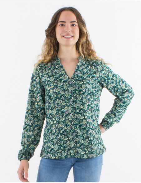 Blusa poliester con botones mangas largas estampado dorado