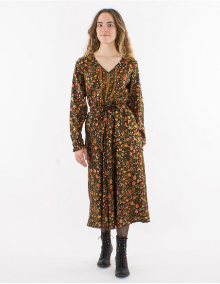 Vestido largo poliester cuello v mangas largas estampado dorado