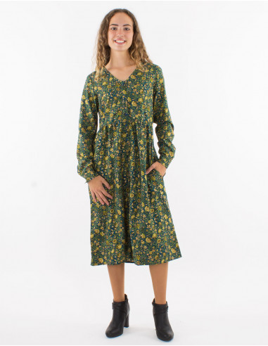 Vestido largo poliester con botones mangas...