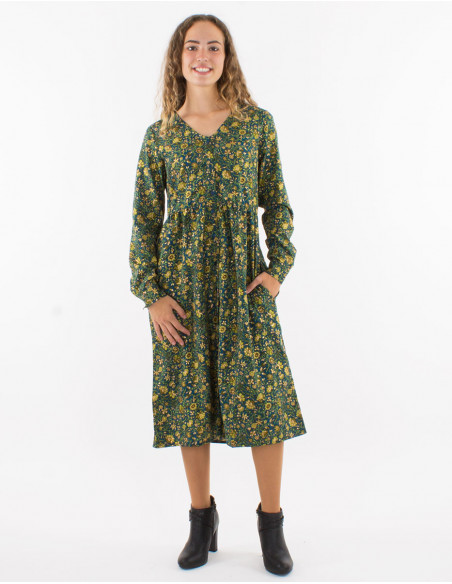 Vestido largo poliester con botones mangas largas estampado dorado