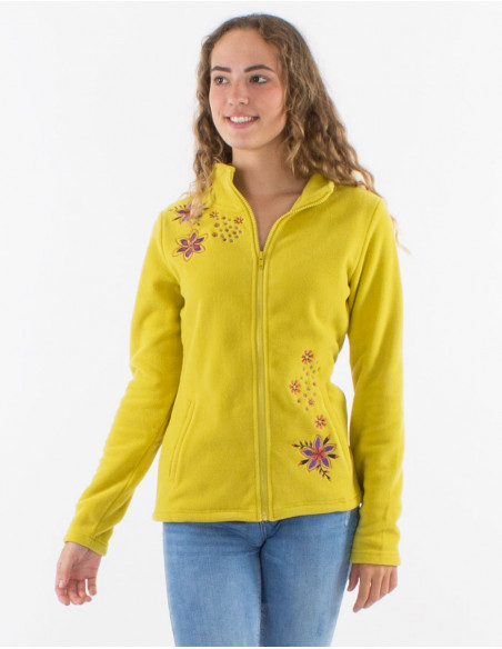 Chaqueta malla poliester polar cuello bordado flores