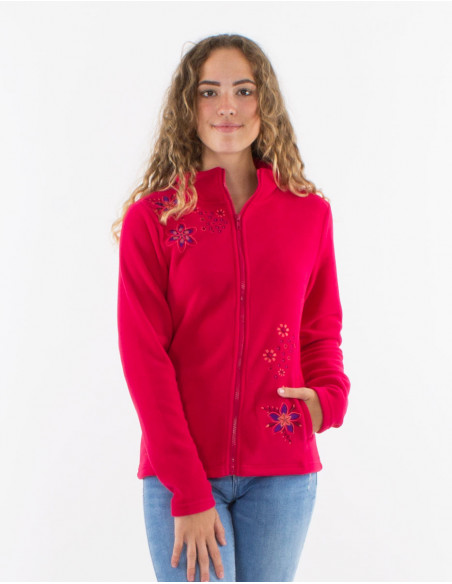 Chaqueta malla poliester polar cuello bordado flores