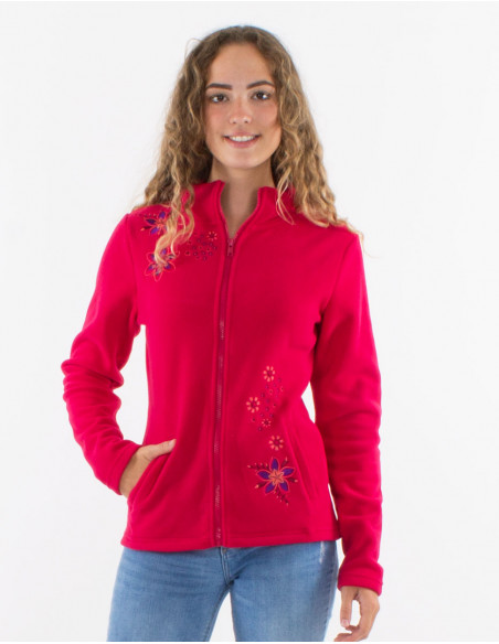 Chaqueta malla poliester polar cuello bordado flores