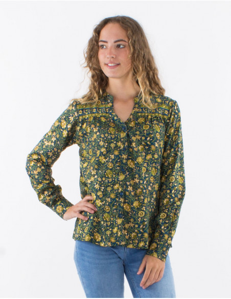 Blusa poliester con botones mangas largas estampado dorado