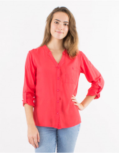 Blusa viscosa lisa con botones mangas largas