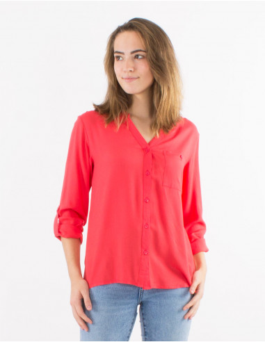 Blusa viscosa lisa con botones mangas largas