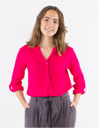 Blusa viscosa lisa con botones mangas largas