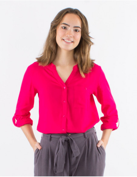 Blusa viscosa lisa con botones mangas largas
