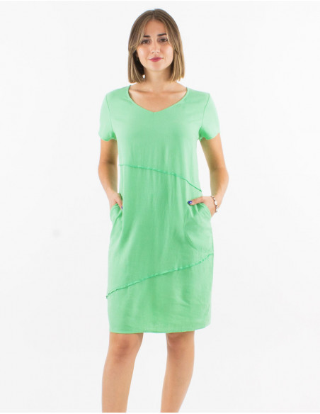 Vestido 54% lino46% viscosa cuello v mangas cortas