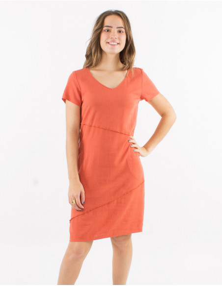 Vestido 54% lino46% viscosa cuello v mangas cortas