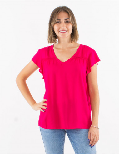 Blusa viscosa lisa cuello v con botones  mangas...