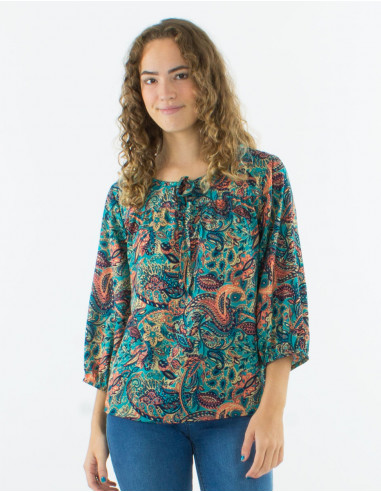 Blusa poliester mangas 3/4 estampado road dorado