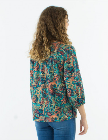 Blusa poliester mangas 3/4 estampado road dorado