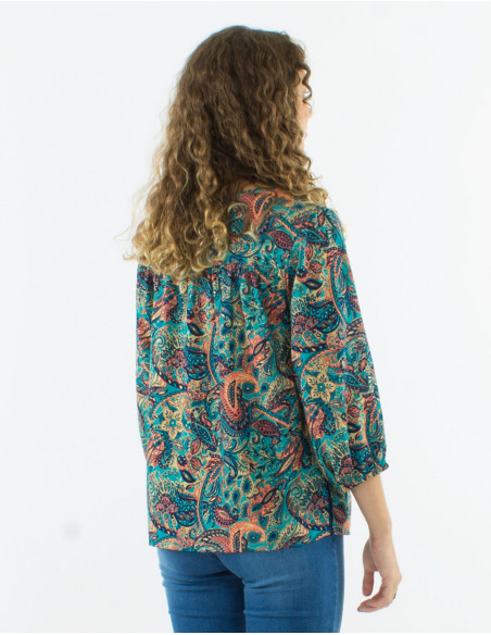 Blusa poliester mangas 3/4 estampado road dorado