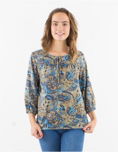 Blusa poliester mangas 3/4 estampado road dorado