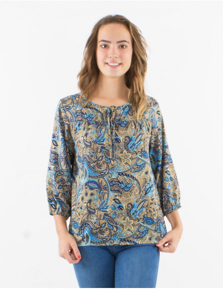Blusa poliester mangas 3/4 estampado road dorado