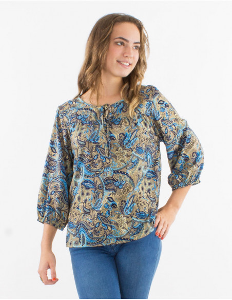 Blusa poliester mangas 3/4 estampado road dorado