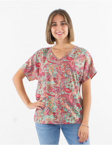 Blusa poliester mangas cortas estampado road dorado