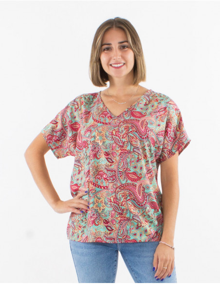 Blusa poliester mangas cortas estampado road dorado