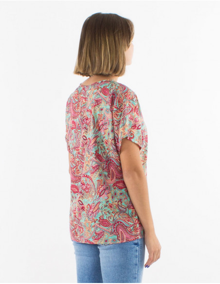 Blusa poliester mangas cortas estampado road dorado