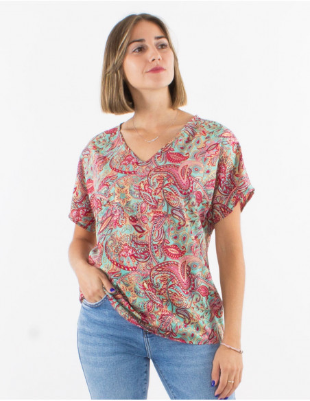 Blusa poliester mangas cortas estampado road dorado