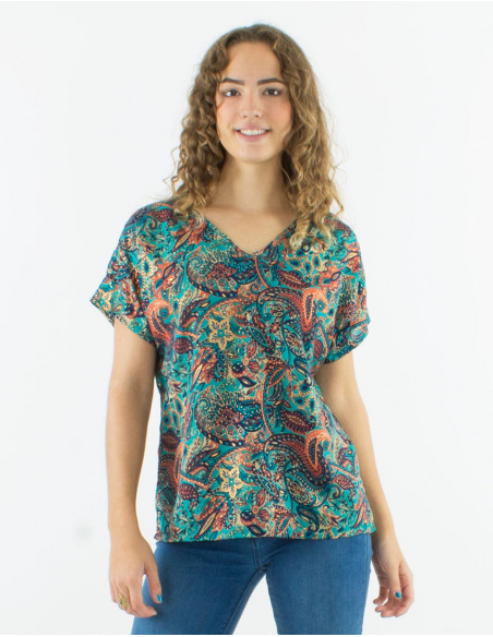 Blusa poliester mangas cortas estampado road dorado