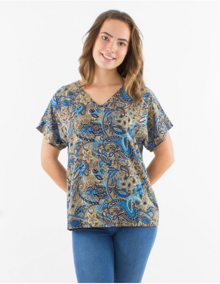 Blusa poliester mangas cortas estampado road dorado