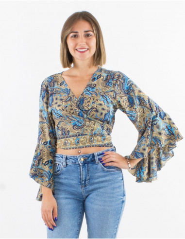 Blusa poliester mangas 3/4 tulipan estampado road dorado