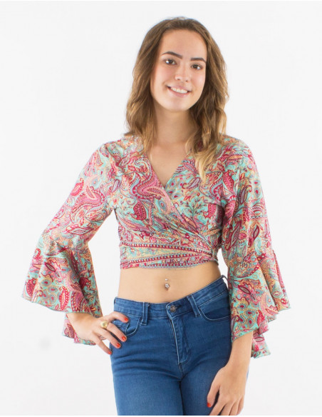 Blusa poliester mangas 3/4 tulipan estampado road dorado