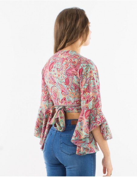 Blusa poliester mangas 3/4 tulipan estampado road dorado