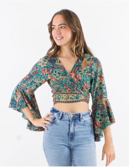 Blusa poliester mangas 3/4 tulipan estampado road dorado