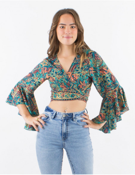 Blusa poliester mangas 3/4 tulipan estampado road dorado