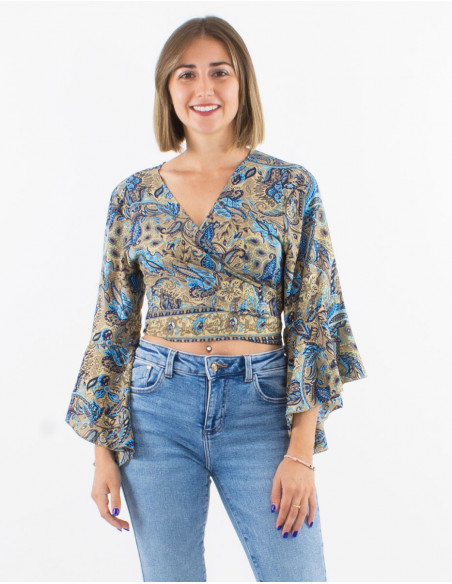 Blusa poliester mangas 3/4 tulipan estampado road dorado