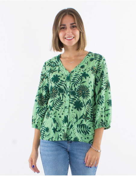 Blusa poliester con botones mangas 3/4 estampado aster dorado