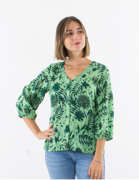 Blusa poliester con botones mangas 3/4 estampado aster dorado